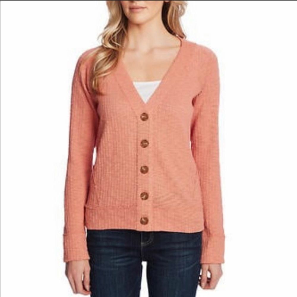 NEW Two by Vince Camuto Cardigan Sweater XXL Peach Slub Textured Knit V-Neck